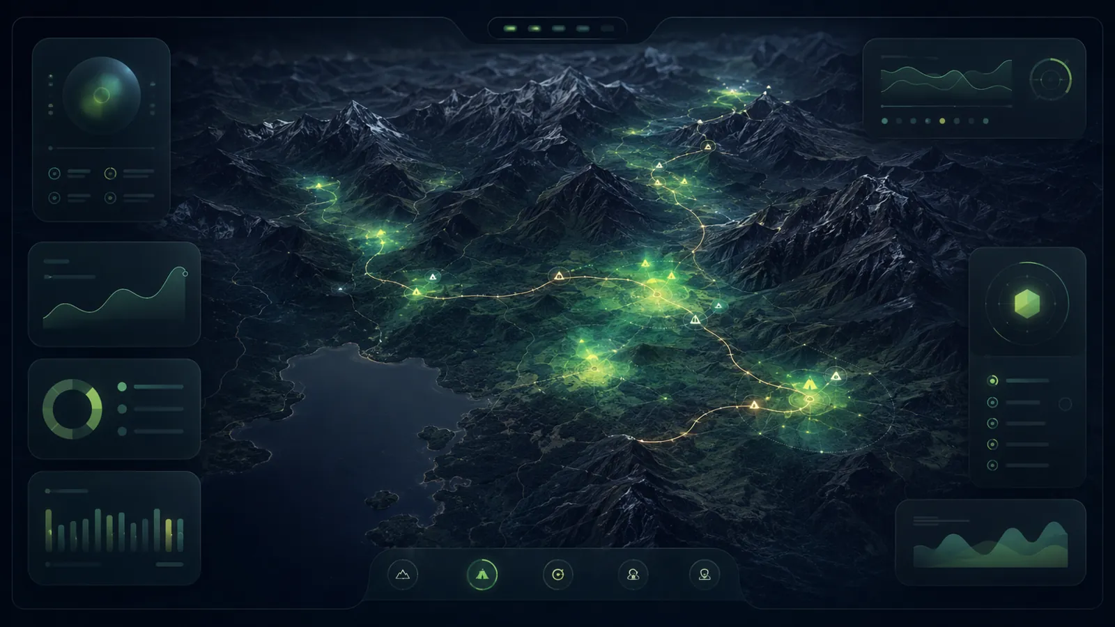 Mapa de impacto con zonas iluminadas sobre un territorio de montaña